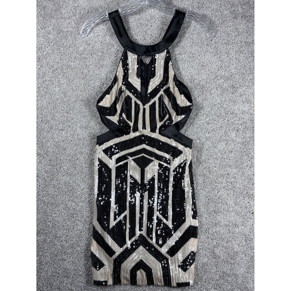 Bebe XS Geo Sequin Cutout Dress‎ Black Beige Sleeveless Mini Party